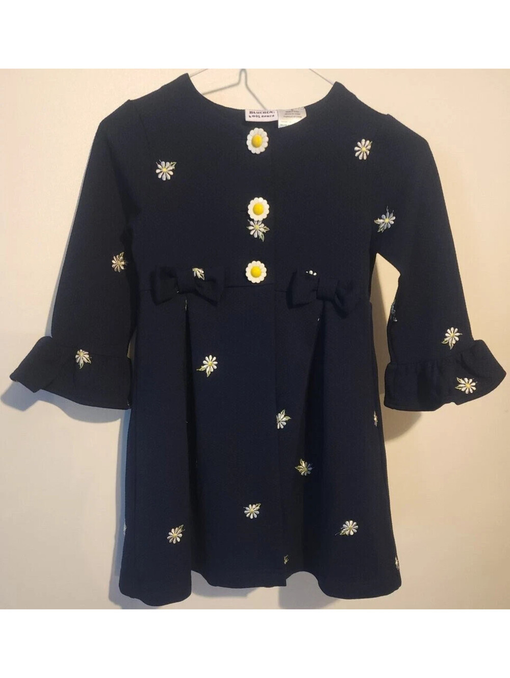 Blueberi Boulevard Girls' Navy Floral Embroidered Daisy Dress